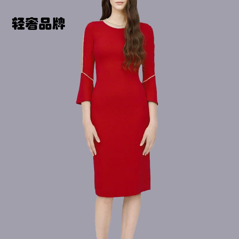 红色气质连衣裙女圆领镶钻复古黑色小洋装中长款修身法式小礼服裙图片