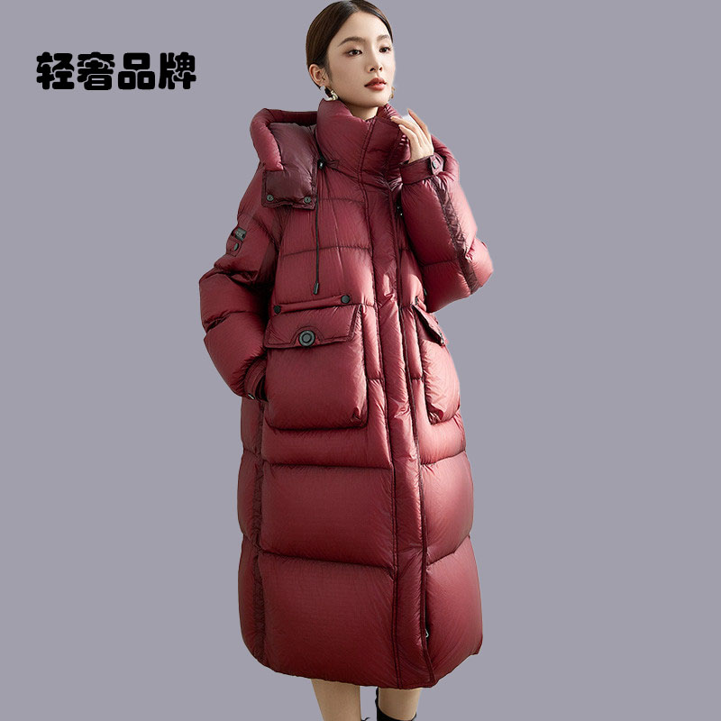 朗姿约定高奢大白鹅绒羽绒服女中长宽松红色时尚2025年冬季新款