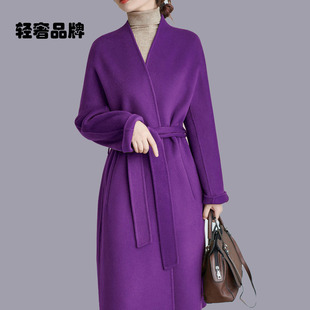 朗姿约定高级感无领双面呢羊毛大衣女中长款宽松直筒系带毛呢外套