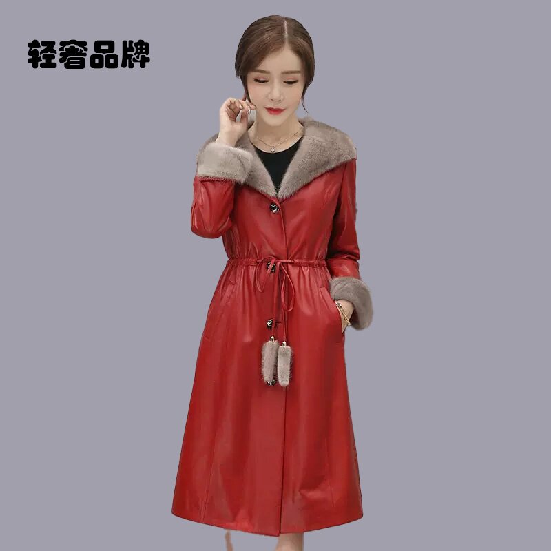 海宁真皮羽绒服女中长款2026清仓冬水貂毛领收腰显瘦绵羊皮衣外套