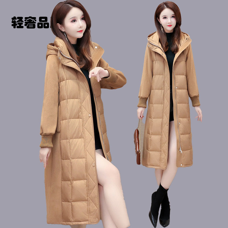 朗姿约定毛呢拼接中长款连帽羽绒服2026女新款冬季显瘦白鸭绒外套