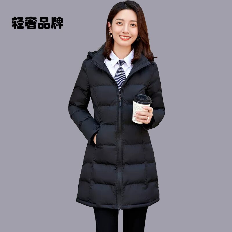 职业装黑色羽绒棉服女中长款2025冬季新款修身金店工装外套工作服