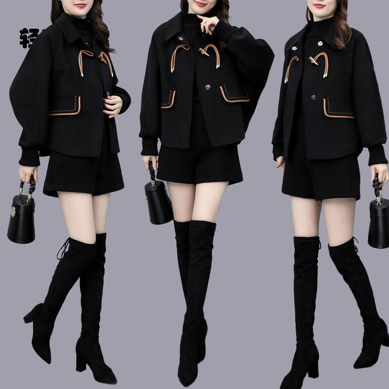 朗姿约定2026新款女装春秋拼接毛呢外套短裤两件套短款呢大衣套装