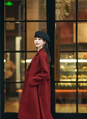 柒量一裁小个子红色长款进口澳毛双面毛呢羊毛外套大衣女冬款1789