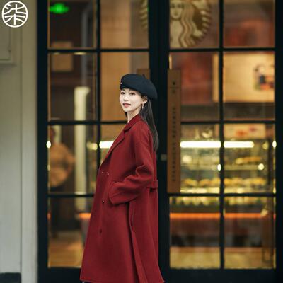 小个子红色长款进口双面毛呢大衣
