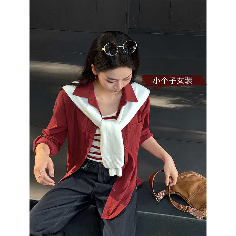 柒量一裁小个子红色衬衫女款图片