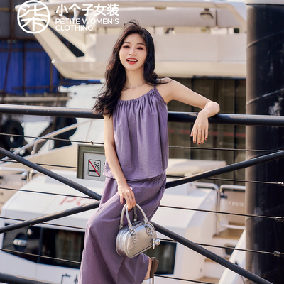 紫色吊带阔腿裤套装女