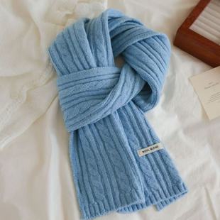 蓝色高级感含羊毛围巾女秋冬季韩系氛围感保暖厚针织百搭围脖男