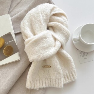 米白色羊驼毛围巾女冬季2025新款羊毛混纺韩版潮学生高级感针织厚