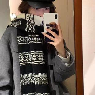 韩系复古氛围感黑色针织围巾女秋冬季护颈保暖围脖百搭防寒披肩潮