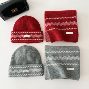 新年酒红色围巾女款冬季2025新款秋冬韩系氛围感帽子二件套圣诞款