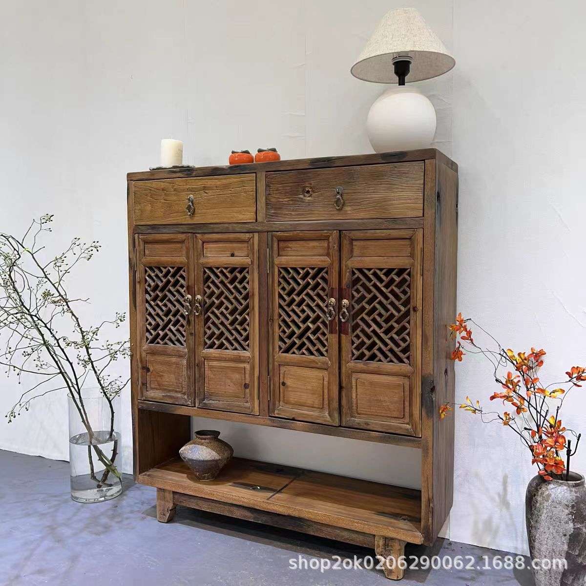 复古储物柜子老榆木靠墙边柜花窗柜子民宿装饰柜电视柜实木收纳柜