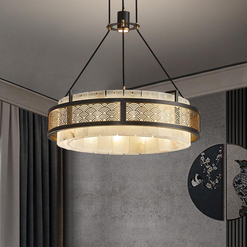 新中式全铜云石吊灯客厅灯别墅复式楼卧室餐厅灯复古大气高档灯具