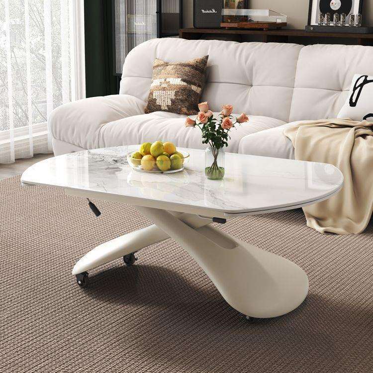 岩板升降移动法式奶油风圆茶几餐桌两用客厅多功能小户型家用