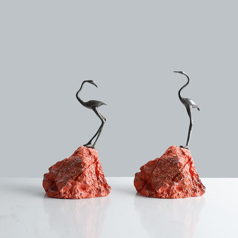 现代新中式金属仙鹤树脂摆件样板房民宿书房客厅玄关桌面软装饰品