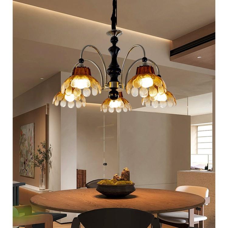 法式中古美拉德色系胡桃木美式复古实木餐厅客厅大厅吊灯卧室灯具