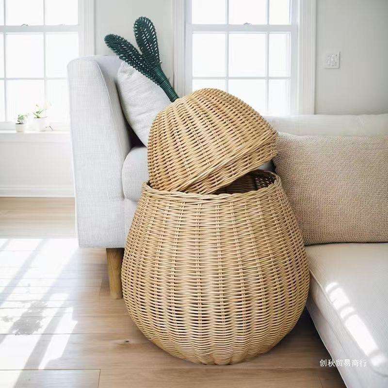 Y4K北欧手工卡通可爱藤编雪梨杂物筐脏衣篮玩具收纳筐装饰篮