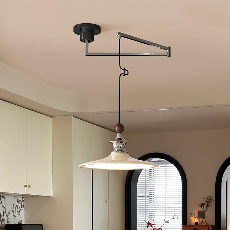 法式奶油风餐厅吊灯中古风氛围感吧台灯设计师款可位移摇臂飞碟灯