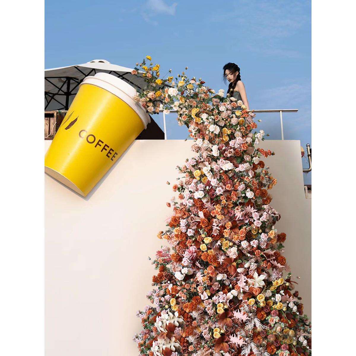 网红玫瑰瀑布花墙花海店面橱窗装饰假花仿真花拍照打卡背景花卉