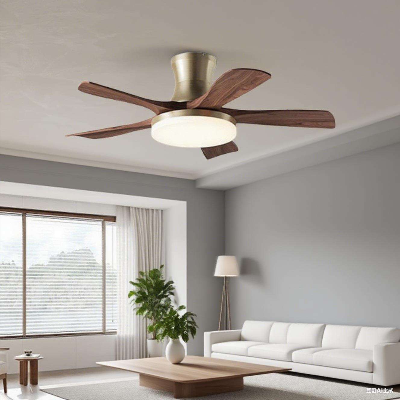 中古风吊扇灯风扇灯静音家用胡桃木色实木扇叶客厅卧室餐厅复古灯