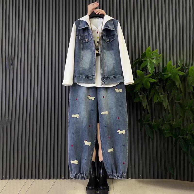 胖MM2025春季新款大码女装时A尚减龄牛仔马甲连帽打底衫裤子三件