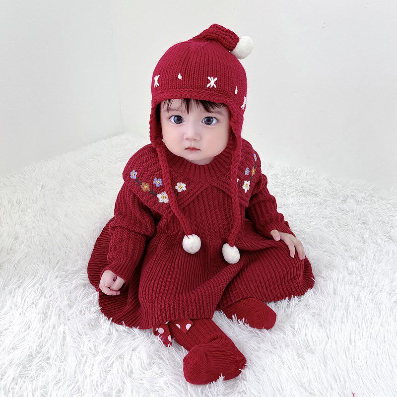 女宝宝春秋款秋冬酒红色针织裙子婴儿洋装针织绣花公主毛衣裙
