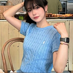 t恤女夏圆领G修身 小马标刺绣麻花针织短袖 白色拉夫绞毛衣女薄上衣