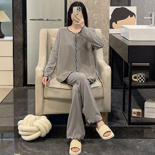睡衣女春秋季 保L暖加厚灰色冬天家居服套 德绒可外穿2024新款 长袖