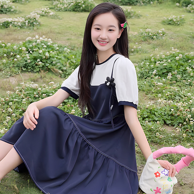 女童连衣裙2024新款夏装女大童高级感公主裙胖女孩雪纺假两件裙子