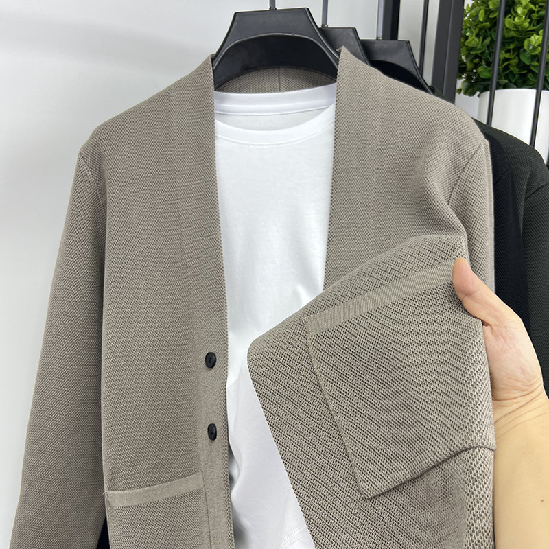 披肩开衫男针织衫毛衣外套秋季男装V领潮流纯色修身青年休闲线衣