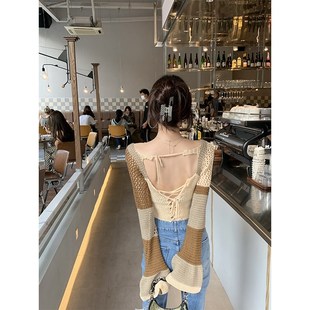 镂空修身 女秋季 2022新款 上衣 显瘦长袖 喇叭k袖 大心方领短款 针织衫
