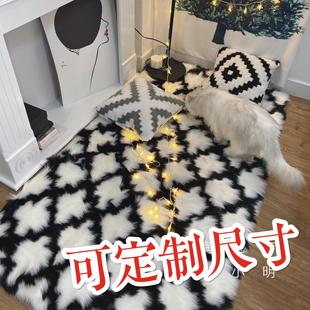 A153 摩洛哥黑白格纹长绒毛地毯坐垫爆红INS榻榻米飘窗茶几床边毯