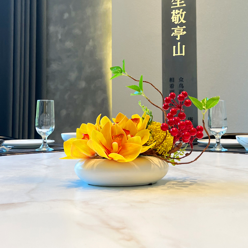 酒店圆桌转盘仿真花餐桌花摆花轻奢餐厅包厢中间摆件茶几玄关装饰