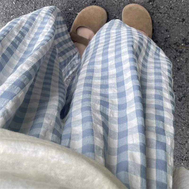 梨型身材格子九分休闲裤女大码夏季薄款胖妹妹mm宽松显瘦阔腿裤子