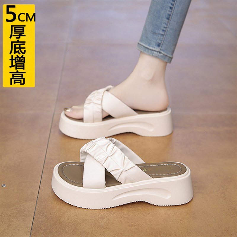 厚底增高5cm小个子拖鞋女夏季外穿2025新款配裙子海边绝美凉拖鞋
