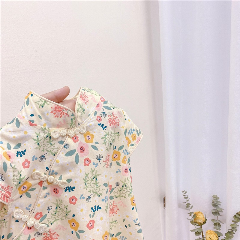 女童纯棉碎花洋气连衣裙2021短袖中国风儿童改良旗袍宝宝唐装裙子