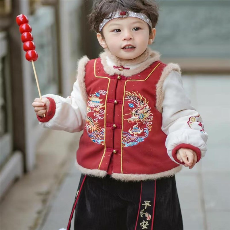 儿童汉服2025年拜年服冬季加厚男童唐装小童中R式国风套装春节元