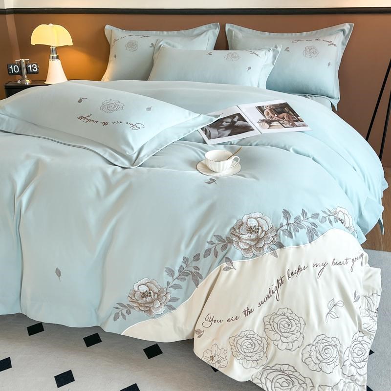 高端花卉刺绣四件套全棉100纯棉磨毛被套裸睡床单床笠款床上用品3