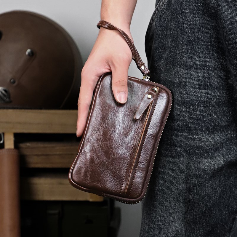 新款真皮拉链大容量钱包男女植鞣牛皮手拿包复古手抓包潮牌手机包
