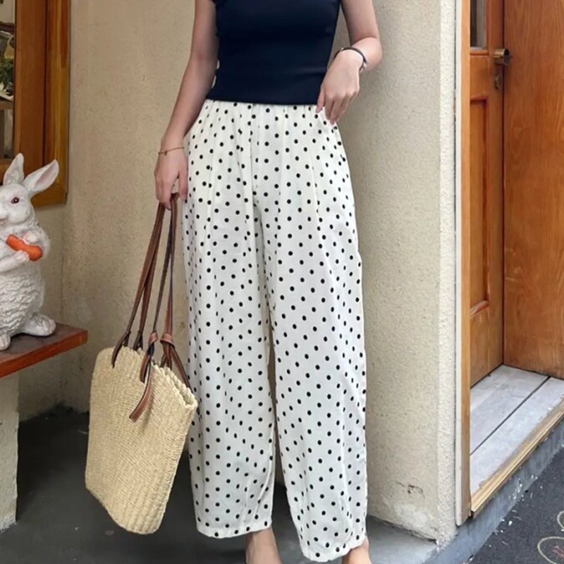 白色波点裤子夏季薄款女胖mm大码显瘦阔腿裤小个子休闲遛弯气球裤