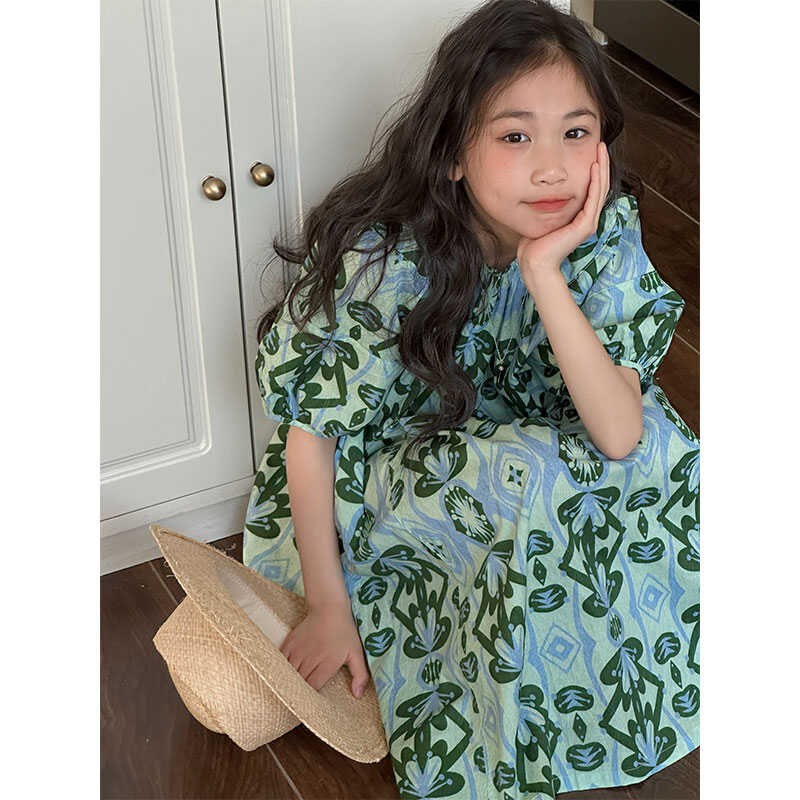 田园风女童长裙连衣裙儿童泡泡袖2024新款夏装宽松法式女孩碎花裙
