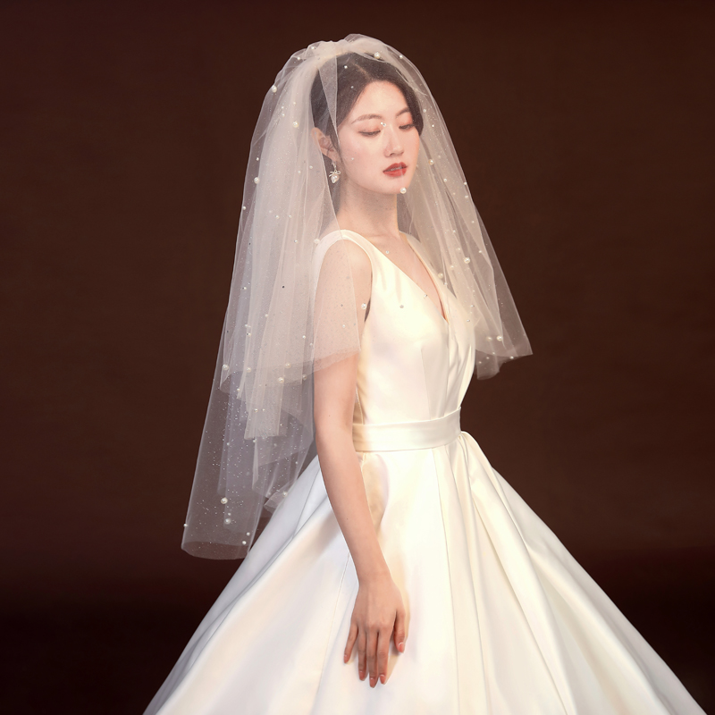 新娘结婚主婚纱网红拍照头纱领证登记法式短款珍珠U喷金头饰双层