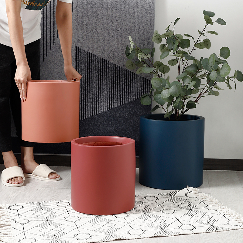 北欧水泥镁泥圆形大花盆带底盘室内办公酒店现代简约绿植大花盆