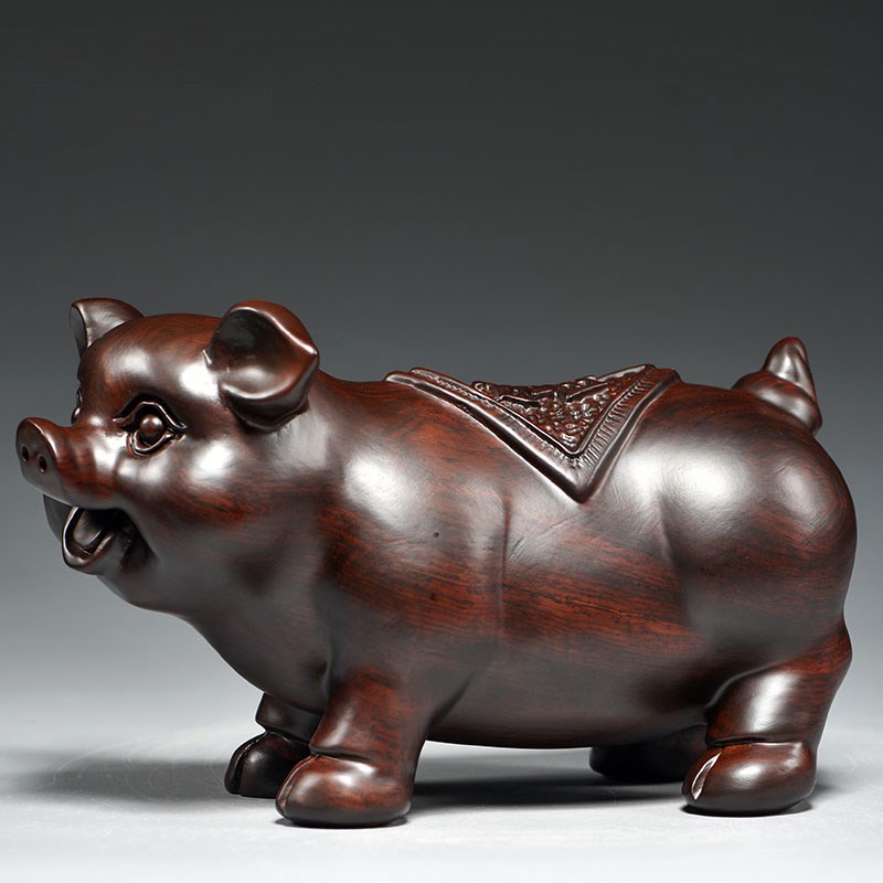 黑檀木雕对猪摆件实木十二生肖猪动物客厅家居装饰红木送礼工艺品