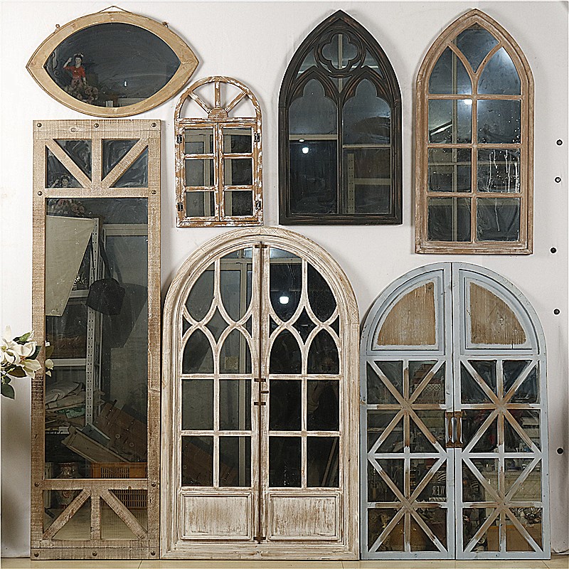 美式复古做旧实木假窗镜子家居民宿户外庭院玄关墙体创意装饰壁饰