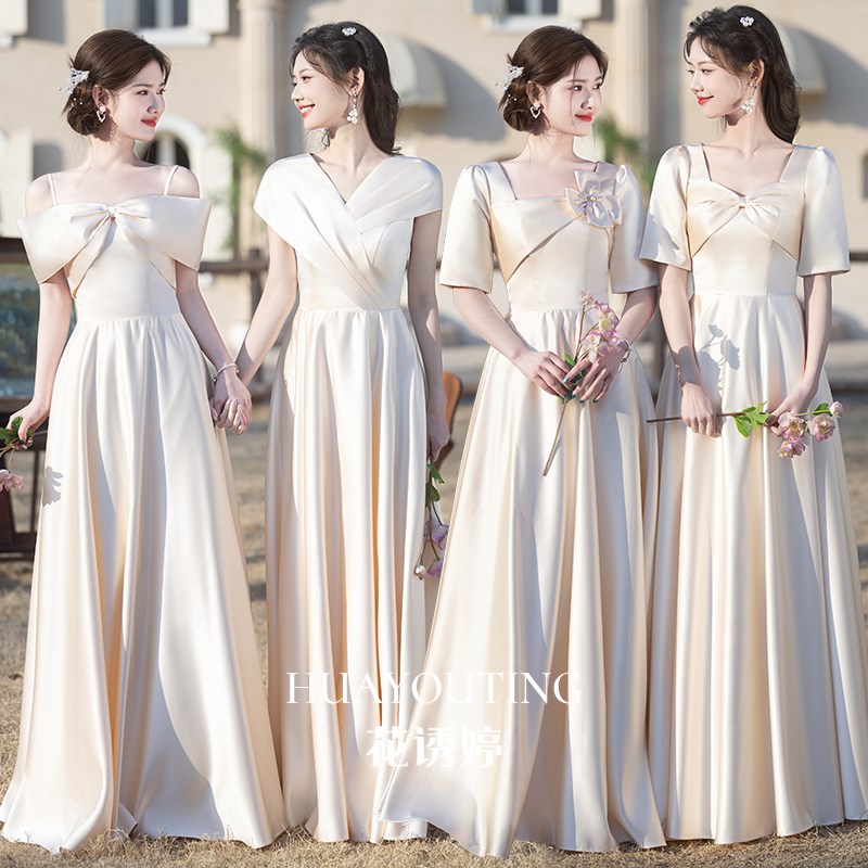 缎面伴娘服2025新款夏香槟色姐妹团礼服裙女平时可穿高级感晚礼服