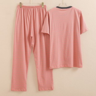女睡衣条纹宽松大码 家居服套 睡衣针织棉薄款 D简约休闲亲肤棉夏季