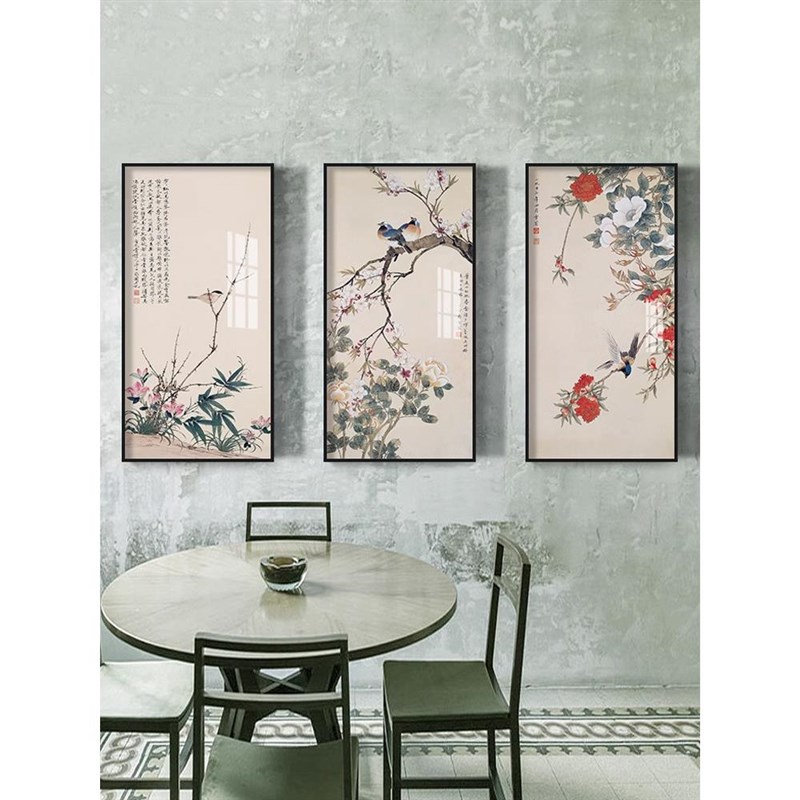新中式正对大门玄关装饰画客厅餐厅入户迎门墙挂画过道花鸟画壁画