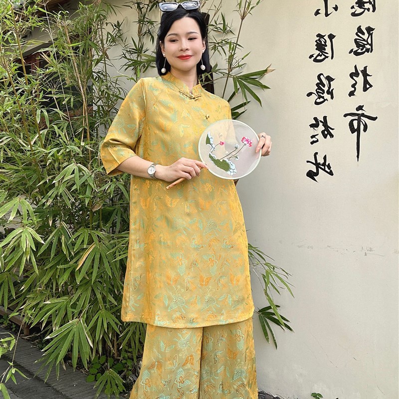 2024春夏新h中式国风盘扣禅意唐装短袖上衣宽松阔腿裤套装两件套