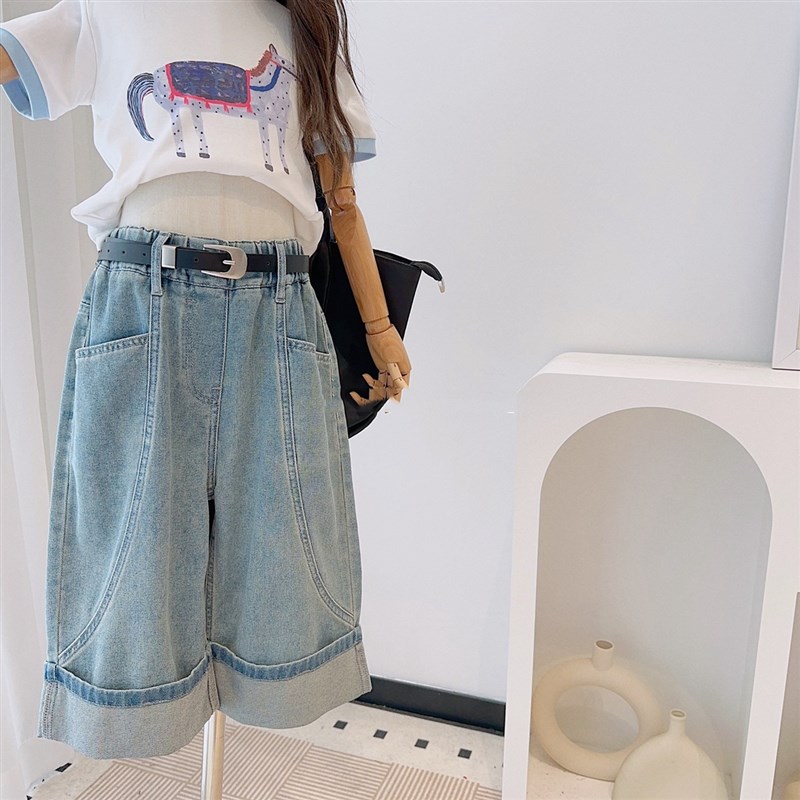 女童男童牛仔短裤七分裤25夏儿童装潮款中裤弹力直筒宽松休闲薄款